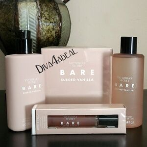 Victoria’s Secret BARE SUEDED VANILLA 3.4 FL OZ & Mini/Travel Spray 4PC Bundle